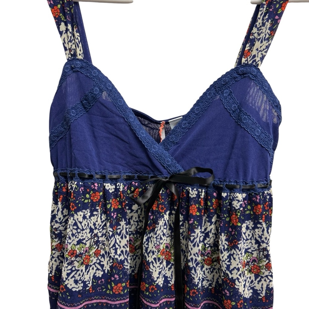 Anthropologie Floral Lace Trim Tank Blue Mesh Babydoll Top Ric Rac